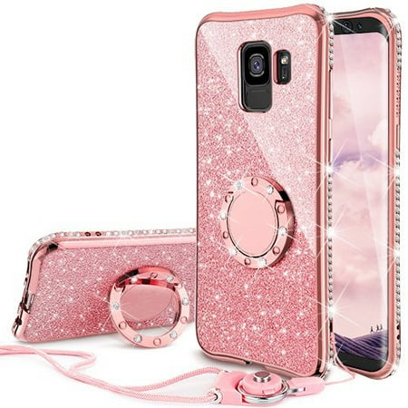 Galaxy S9 Plus Case, Glitter Bling Diamond Rhinestone Bumper Cute Galaxy S9 Plus Phone Case for Girls with Ring Kickstand Protective Samsung Galaxy S9 Plus Case for Girl Women - Rose