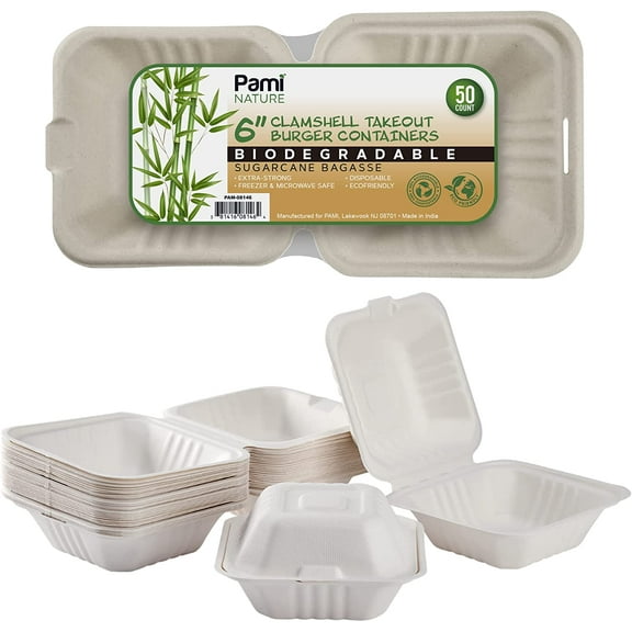 PAMI 6x6 Biodegradable To Go Containers, 50 count Bento Box Hamburger Take Out Containers, Compostable, White