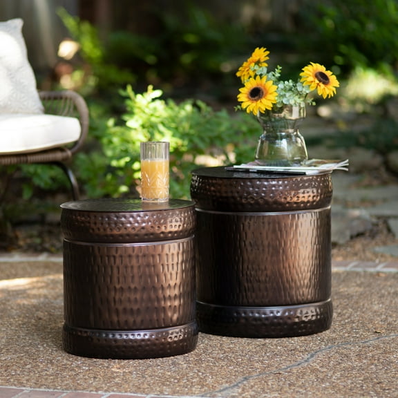 Preston Set of 2 Bronze Outdoor Stools - L) 16 x 16 x 18 S) 14.5 x 14.5 x 15.5