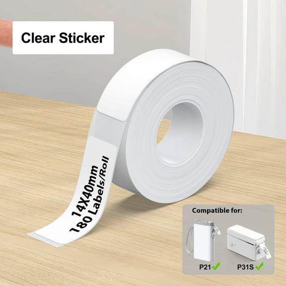 Genuine P21 Label Maker Tape, 14x40mm (0.55"x1.57") Self-Adhesive Label Compatible with Nelko P21 Label Maker for Home/Office/School, 180 Labels, Transparent