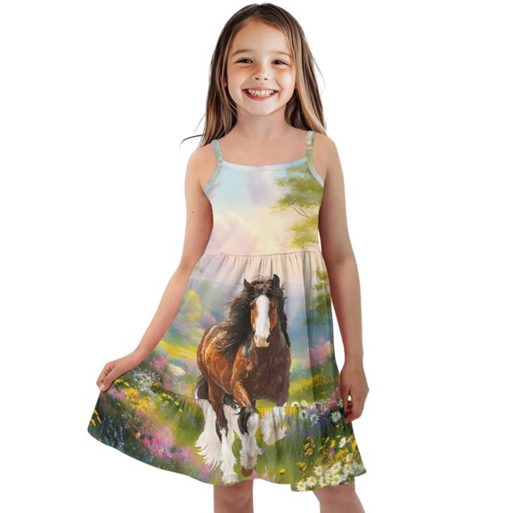 Uourmeti Girls Dress Summer Sleeveless Dress for Little Kids 3-4Y Brown Horse Causal Midi Tank Swing Sundress Cute Shirt Tiered Dresses for Girls Party Holiday Clothes