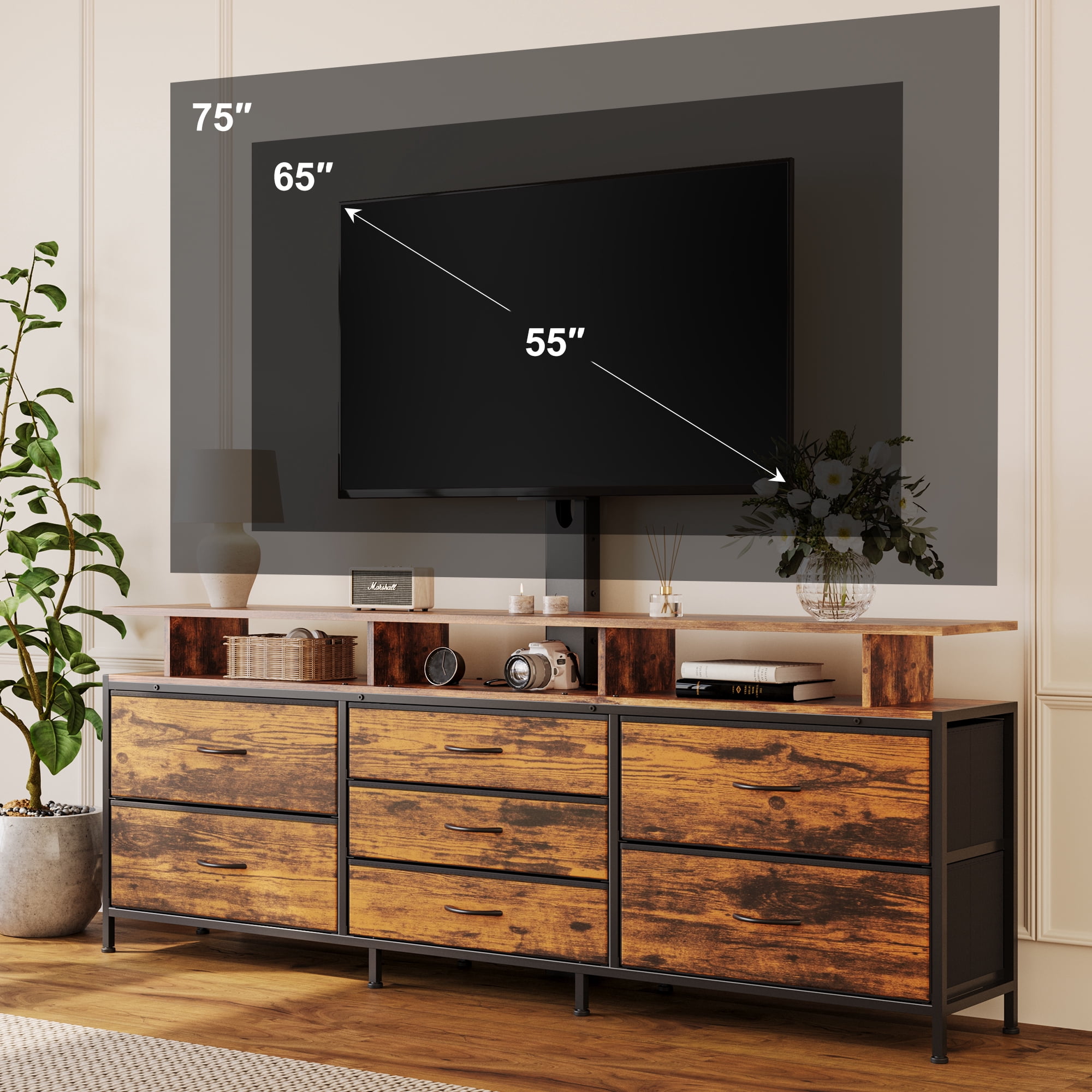 GUNAITO TV Stand with Adjustable Mount for TV up to 75", Big TV Stand for Living Room with 7 Fabric Drawers , Rustic Brown