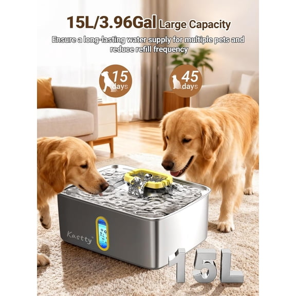 4 Gal Dog Water Fountain for Large Dogs, 15L Stainless Steel Pet Water Fountain