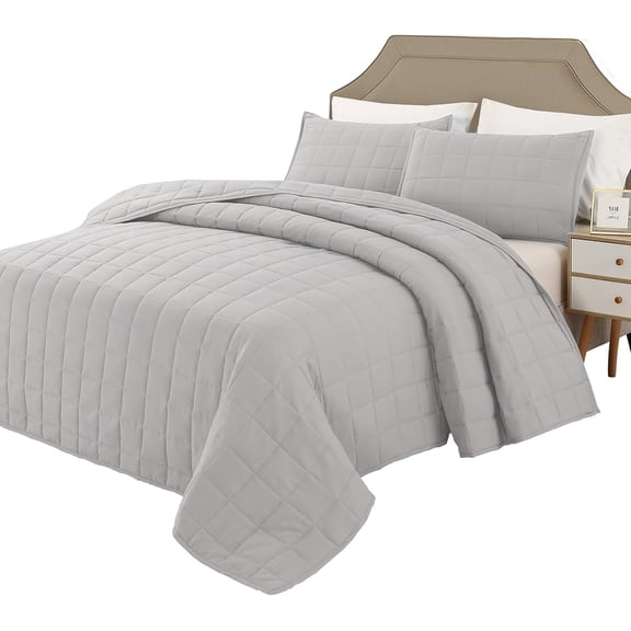 EMME Twin Quilt Set Soft Microfiber Bedspread Lightweight Reversible Bed Coverlet Twin Comforter Set 2 Piece Bedding Set for All Season(Square Pattern,Light Grey)