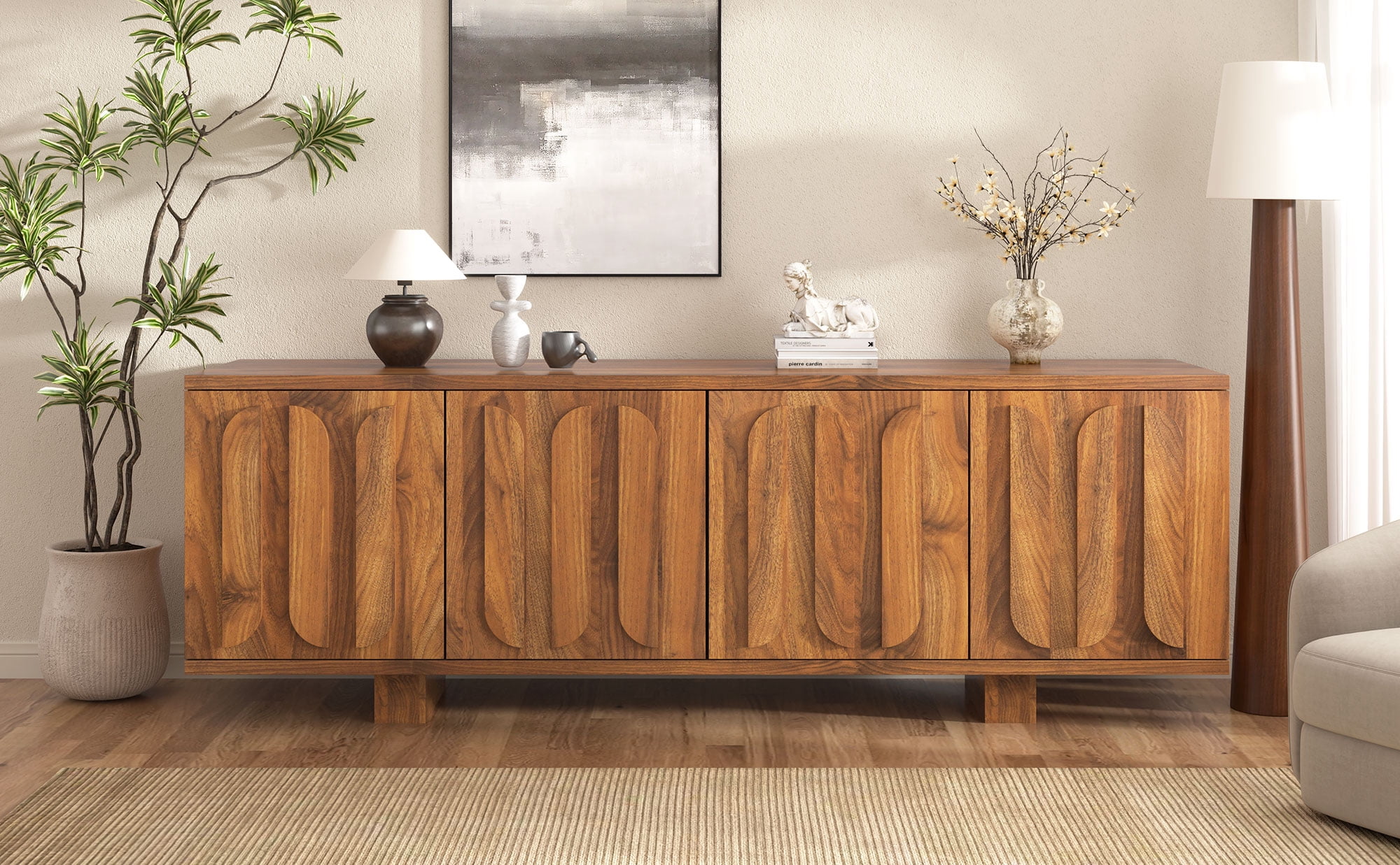 63" Farmhouse TV Stand for TVs up to 75 Inches, Modern Storage Media Console with Adjustable Shelves & 3 Cable Holes, Wood Decorative Handle Entertainment Center Cabinet for Living Room
