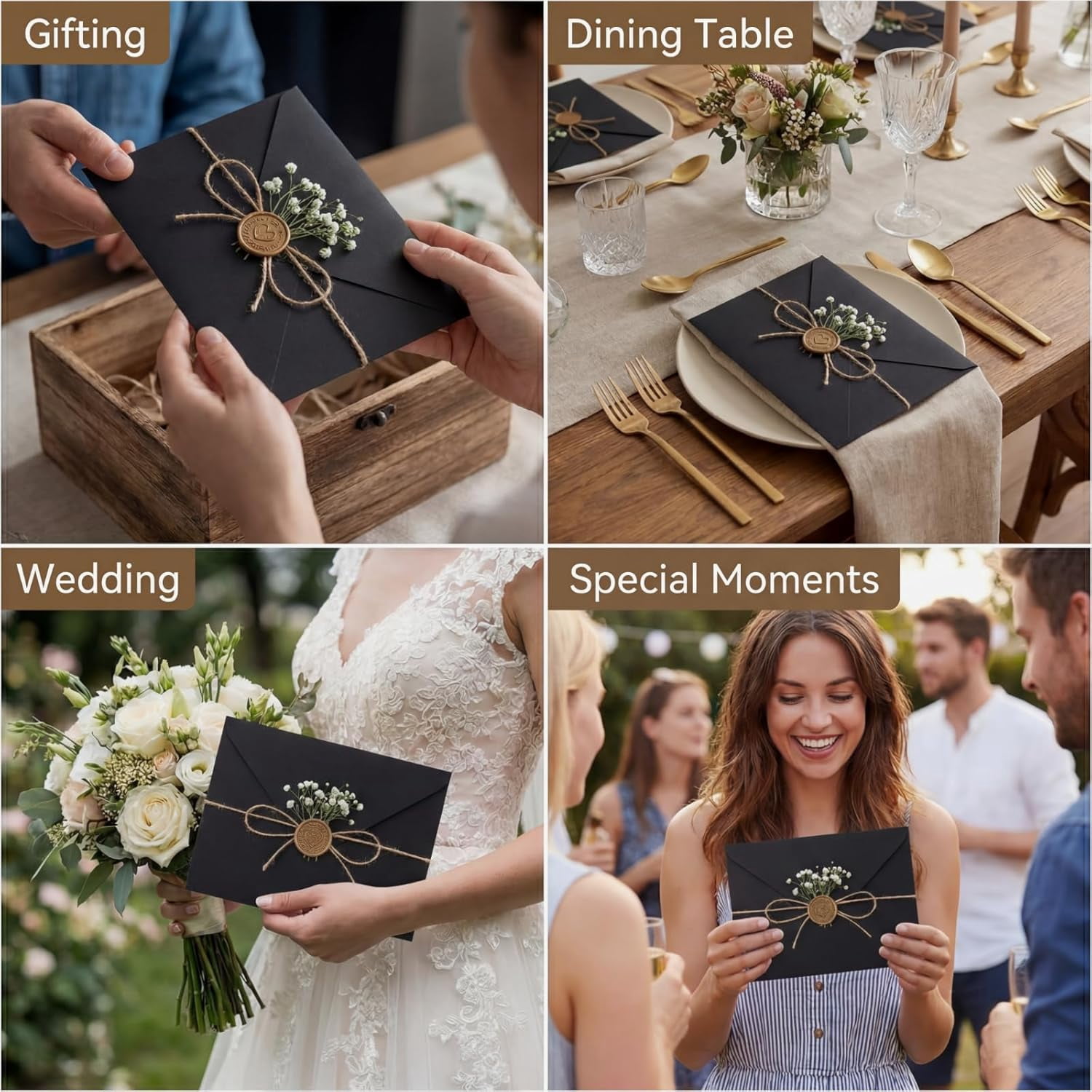 50 Sets Wedding Invitations Wraps Set Include Envelope for 5 x 7 Inch Invitations Self Adhesive Gold Wax Seal Sticker Dried Flowers for DIY Photos Cards Dining Table(Classic,Black)