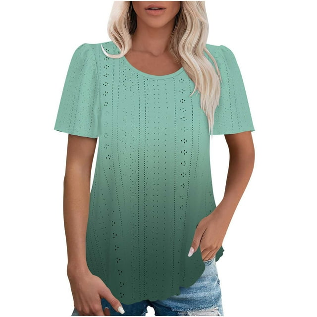 Plebaso Chemises d'Été en Broderie Anglaise pour Femmes à Manches Courtes, Tuniques Dégradées, Hauts Colorés Décontractés Amples et Habillés