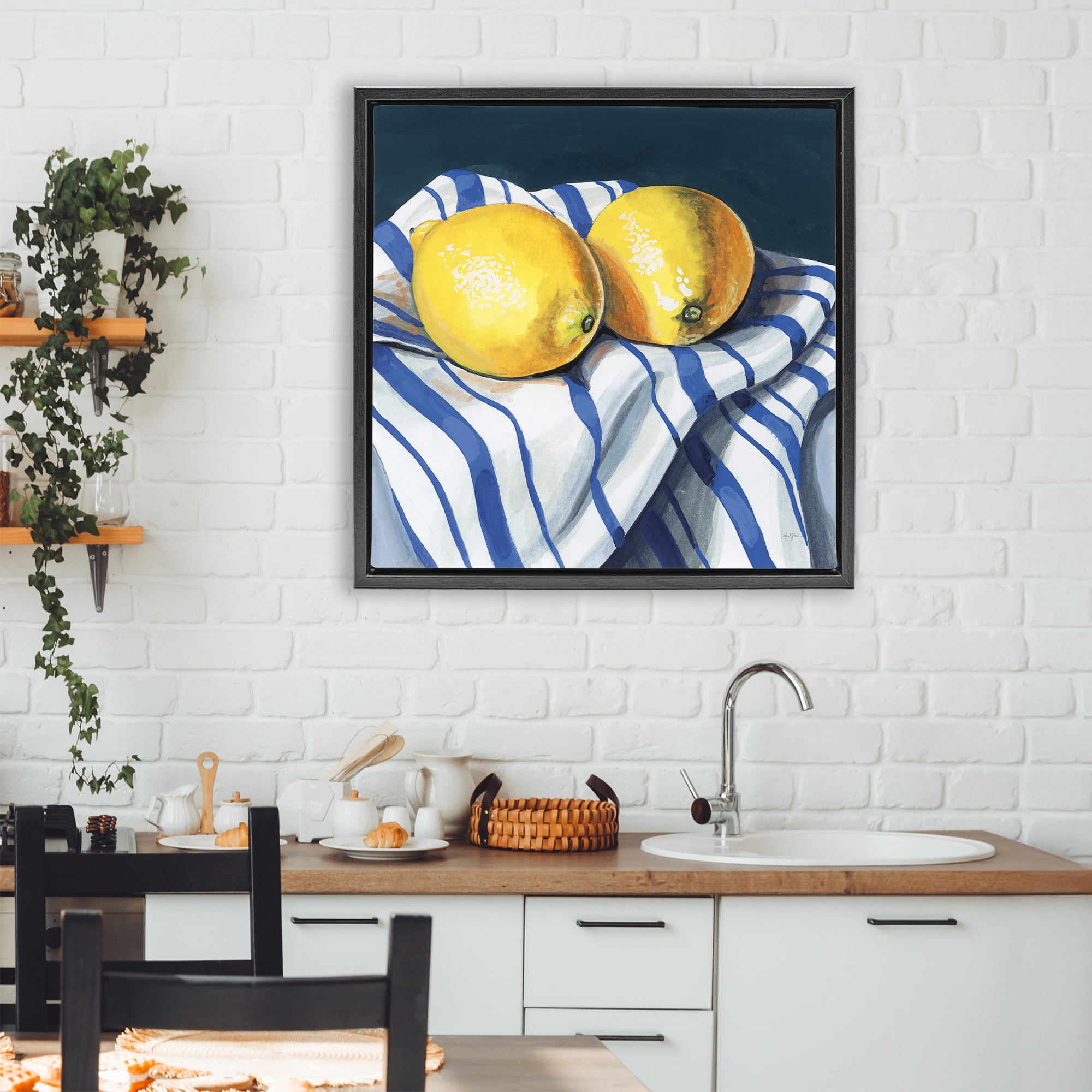 Stupell Industries Fresh Kitchen Lemons on Dishtowel Black Framed Floater Canvas Wall Art, design by Kate Jarvik Birch
