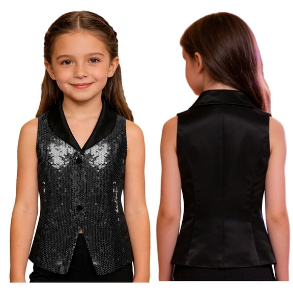 iiniim Girls Sequin Vest V Neck Sleeveless Waistcoat Sparkly Festive Party Formal Dance Tank Top Black 6