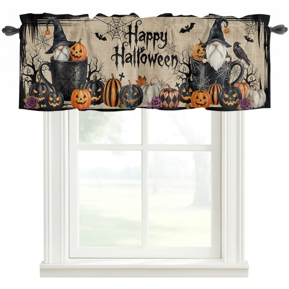 Pumpkins Halloween Rod Pocket Curtain Valance, Horror Black Gnomes Trees Beige Farmhouse Window Valance for Living Room, Bedroom, Kitchen 54"W x 18"L