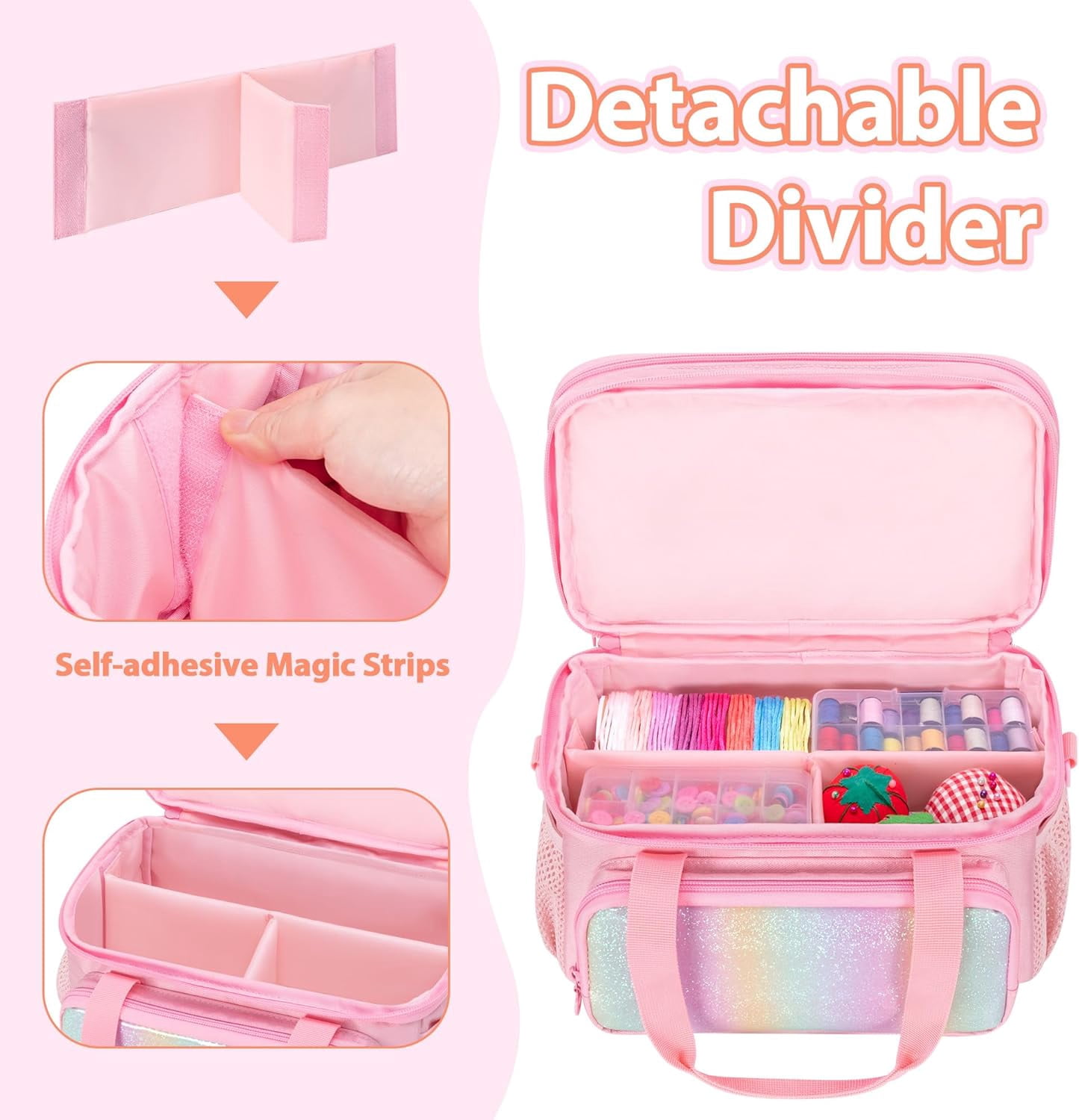 Double Layer Sewing Organizer for Crafts Sewing Supplies, Crafts Accessories Bag, Portable Sewing Box with Handle and Detachable Shoulder Strap, Rainbow Sequins Design, Pink (Case Only)