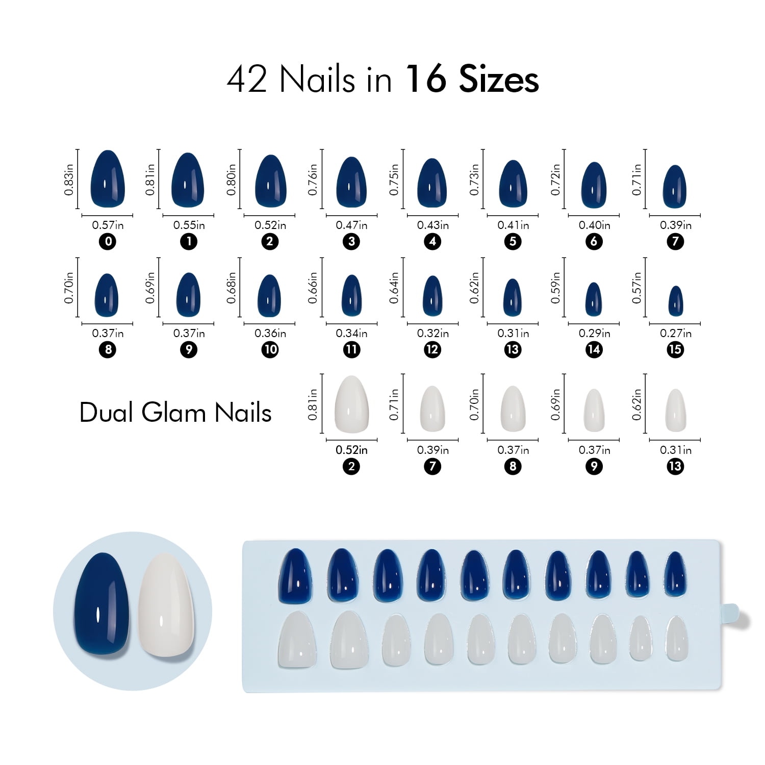 VSALON Press On Nails Short Almond - 42 PCS Navy Blue Cream and White Semi-Transparent Fake Nails for Women，32 Main Nails in 16 Sizes & 10 Alternative Nails - Lamp Curable Glue on Nail with Tool Kit