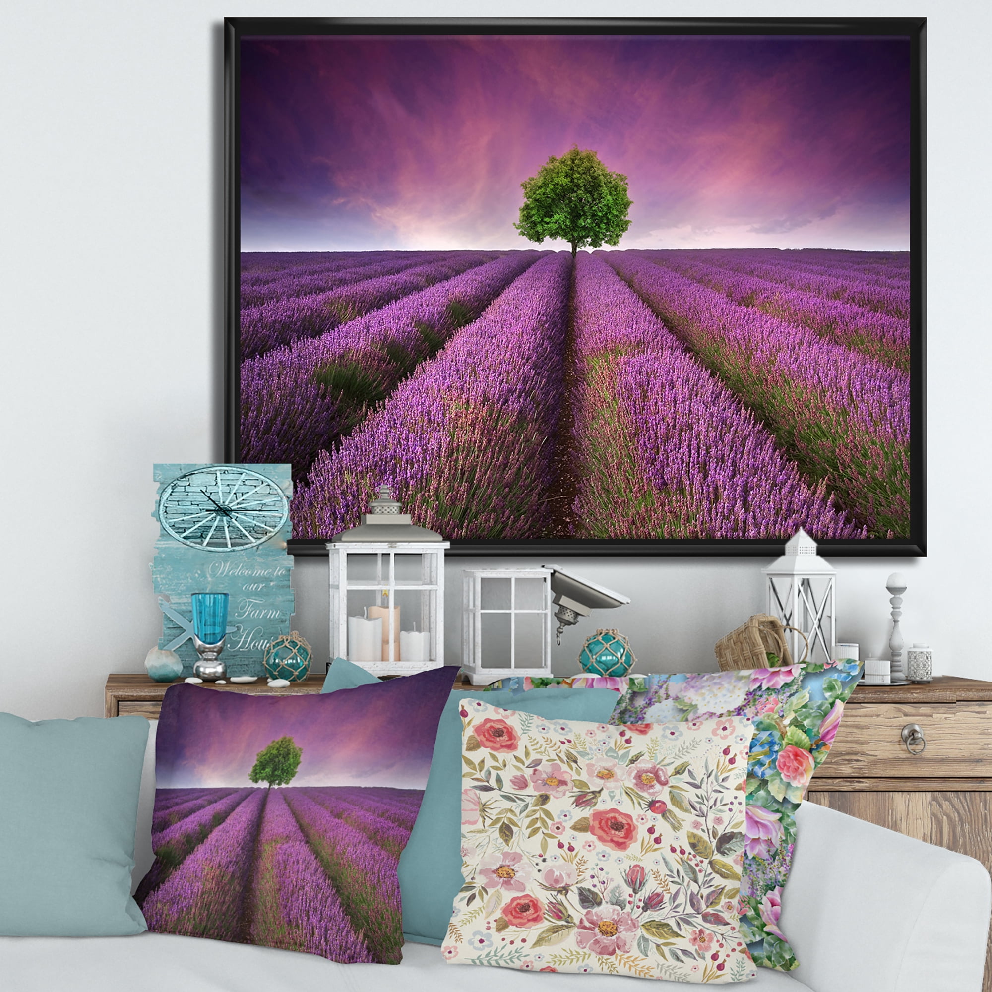 Designart 'Tree With Stunning Lavender Field Summer Sunset' Farmhouse Framed Canvas Wall Art Print