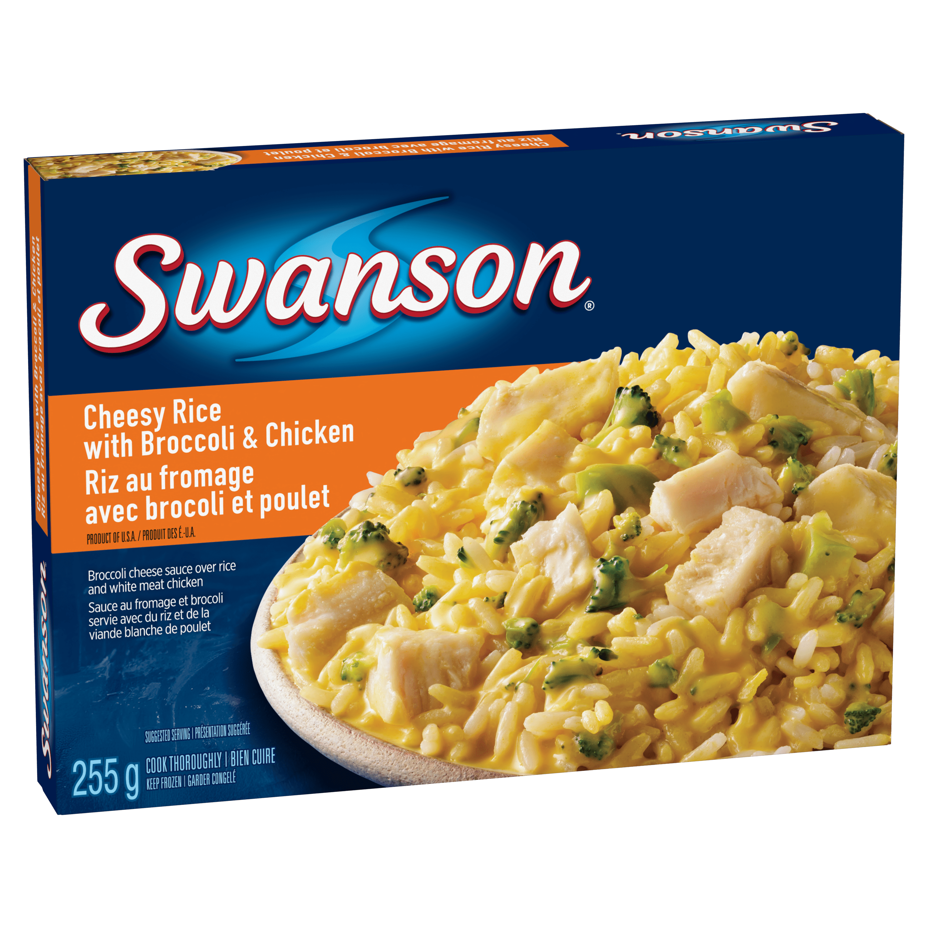 Swanson Cheesy Rice with Broccoli & Chicken Frozen Dinner, Broccoli Cheese Sauce Over Rice and White Meat Chicken, Swanson Cheesy Rice with Broccoli & Chicken, 255g