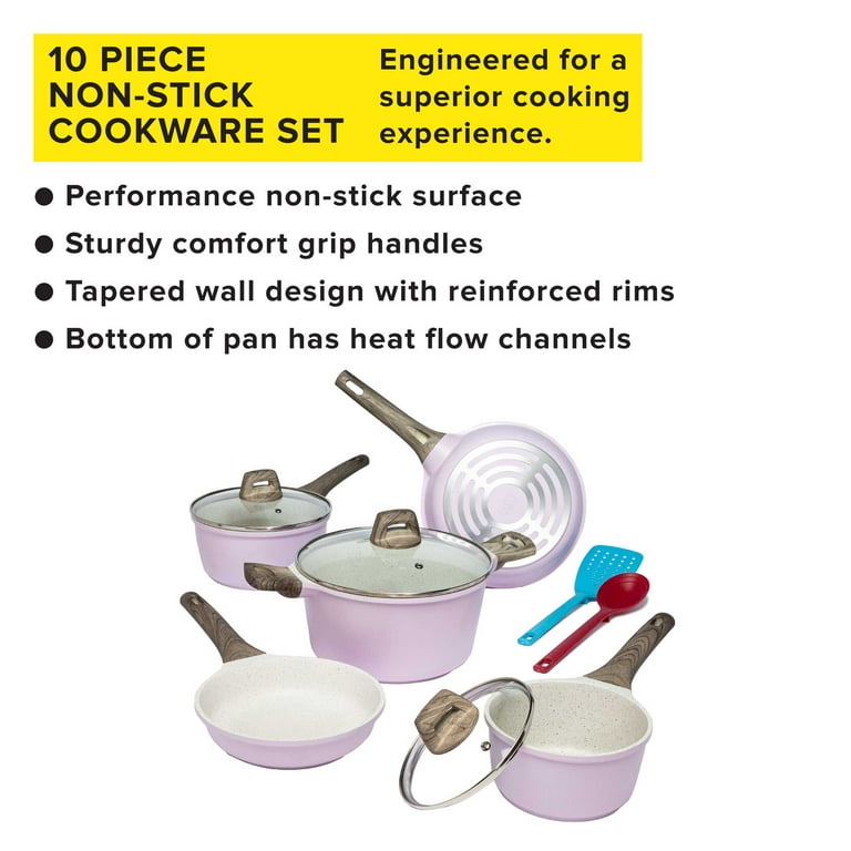 Tasty Cast Aluminum Cookware Set with Smart Heat Base, Dishwasher Safe,  Lilac, 10 Piece 