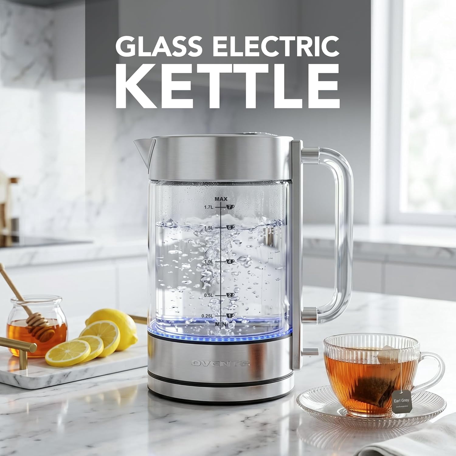 OVENTE Electric Kettle, 1.7L Double Wall Glass Tea Kettle with Stainless Steel Base, Acrylic Handle, 1500W Cordless Fast Boil Borosilicate Water Boiler, Easy Fill Lid & Auto Shut-Off, Silver KG912S