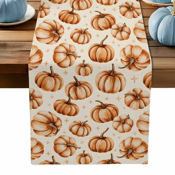 ERUNPONLY Beige Thanksgiving Table Runner - 72 Inch Long Pumpkins Autumn Pastoral Rustic Cotton and Linen Blended Dress Scarves Farmhouse Table Runner for Kitchen Dining, Coffee Table, 16" x 72"