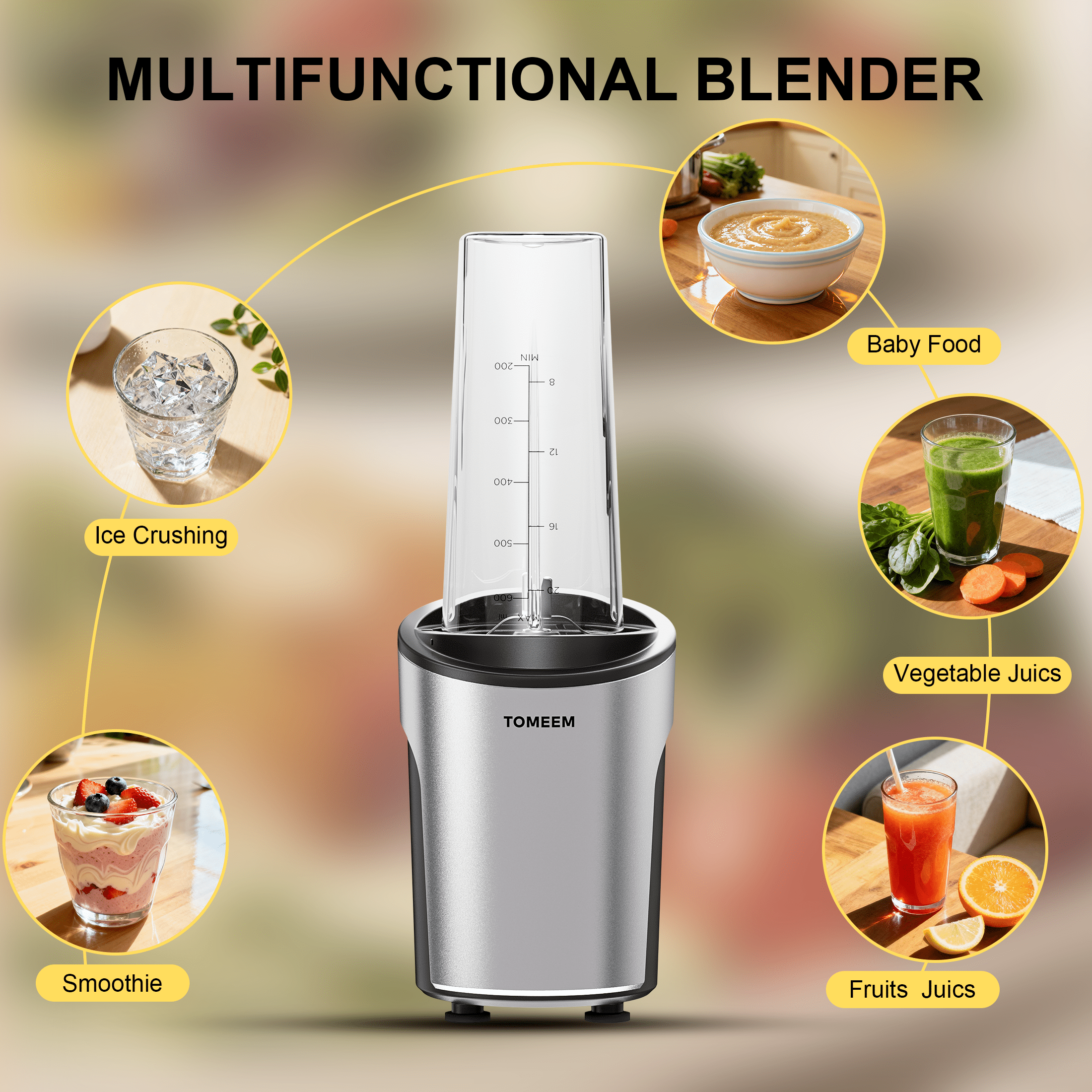 Tomeem Personal Blender for Smoothies and Shakes with Travel Lid, 20 oz No-BPA Portable Bottle, 450 W, 4-Blade, Black