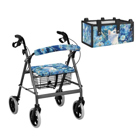 ZUXONGSY Butterfly Floral Cat Print Walker Seat Cover and Backrest Cover with Storage Pouch – 3-Piece Rollator Accessories, Soft Cushioned,Washable, Perfect Gift for Seniors
