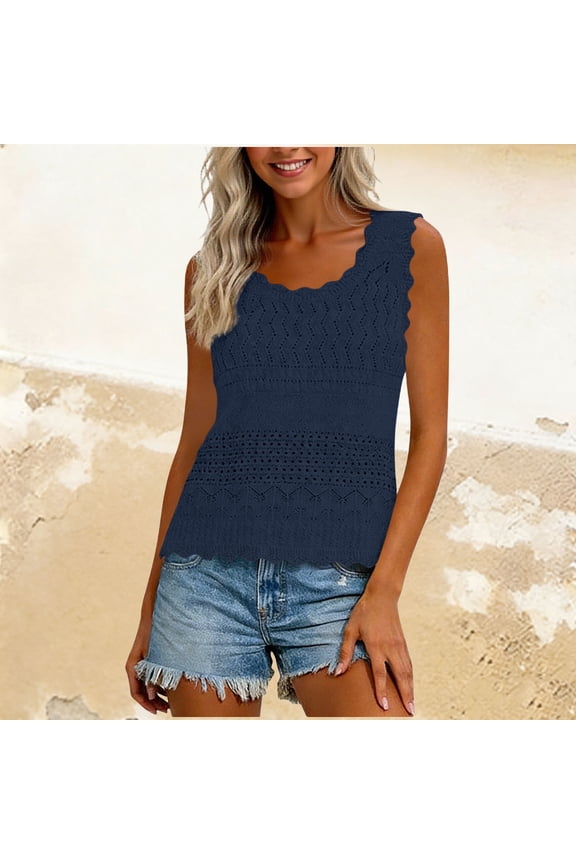 Womens Crochet Crop Tank Tops Sleeveless Eyelet Shirts Vest Ruffle Hem Summer Top Navy L(L)