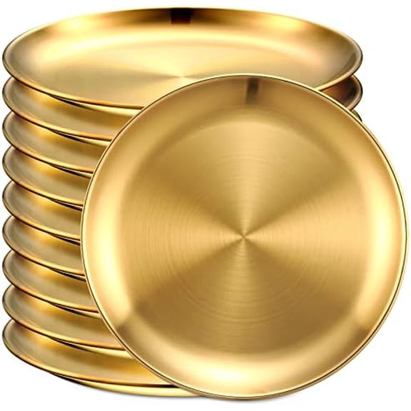 10 Pcs 18/8 Stainless Steel Plates 8 Inch Gold Double Layers 304 Metal Stainless Steel Dinner Dishes Unbreakable Adult Reusable Camping Plates Dishwasher Safe Feeding Serving Round Dessert