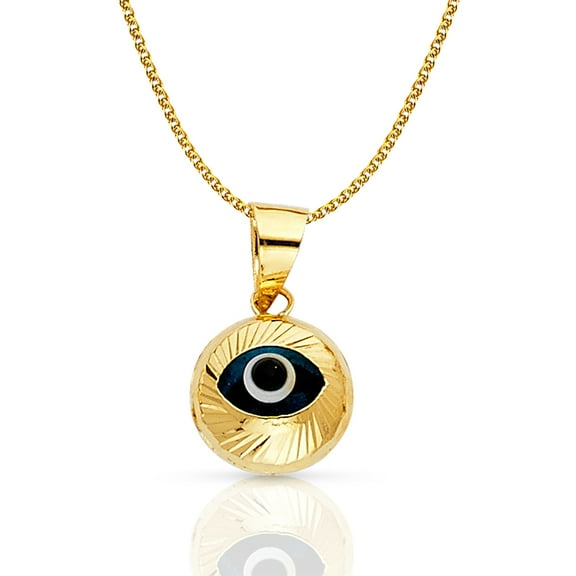 14K Yellow Gold Evil Eye Fluted Round Charm Pendant with 1.5mm Flat Open Wheat Chain Necklace - 16"