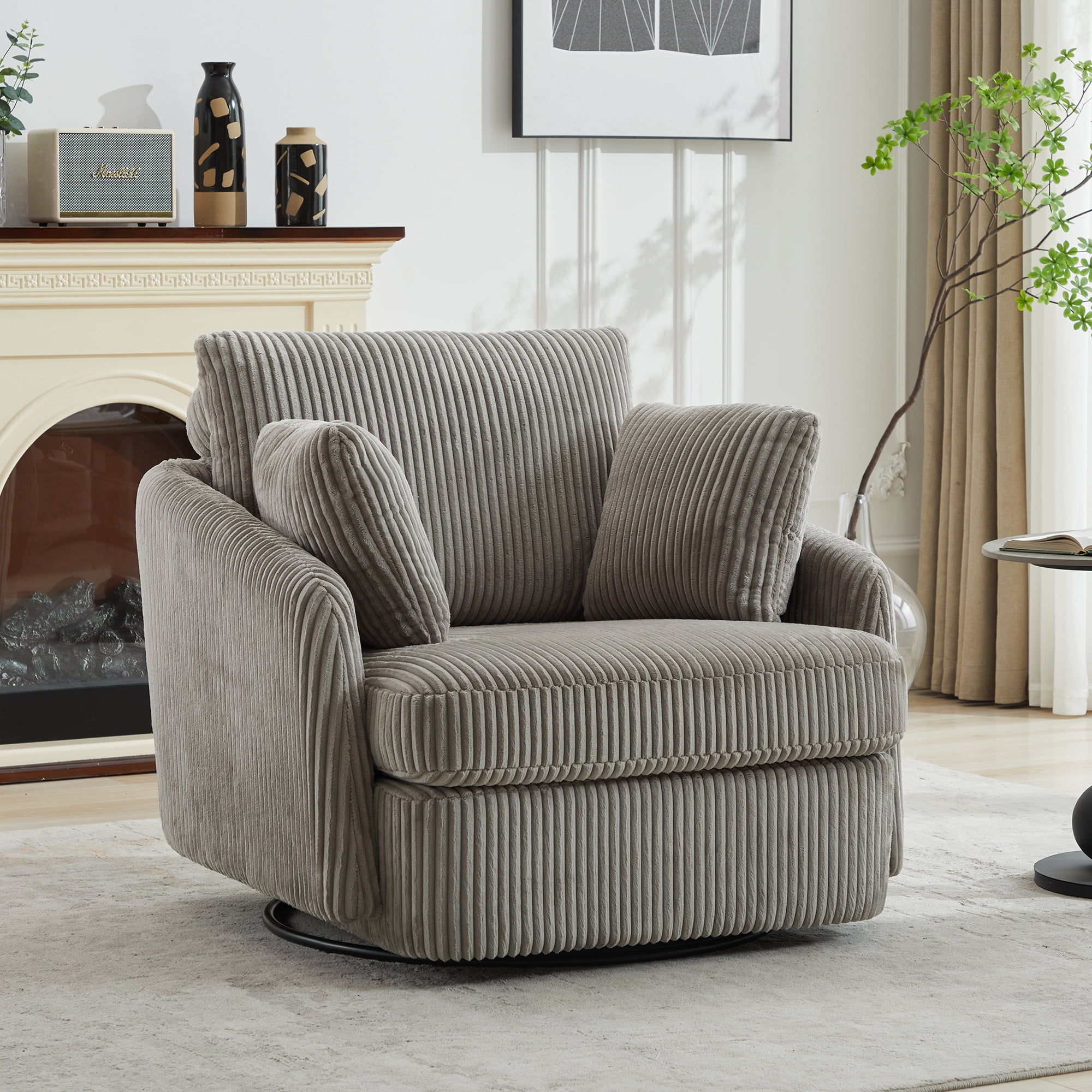 Leumius 360° Swivel Accent Chair with 2 Throw Pillows,40.55''W Corduroy Accent Chair Armchair,Comfy Upholstered Single Sofa Chair for Bedroom Living Room,Gray