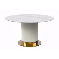 LeisureMod Jexis 60" Mid-Century Modern Round Dining Table with Glass/Sintered Stone Top and White/Gold Stainless Steel Pedestal Base for Kitchen and Dining Room (Solid White)