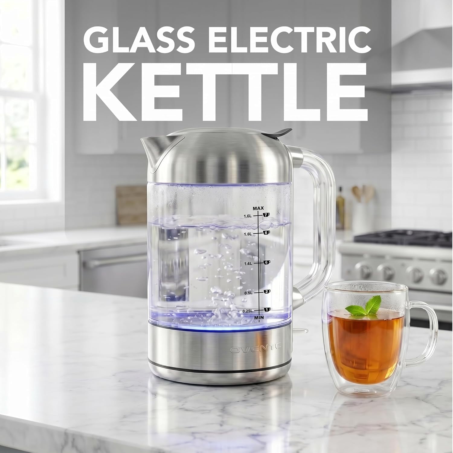 OVENTE Electric Kettle, 1.8L Glass Kettle Stainless Steel Base Water Boiler Electric with Acrylic Handle, 1500W Fast Boil Electric Kettle, Easy Fill Lid, Auto Shut-Off, Silver KG921S