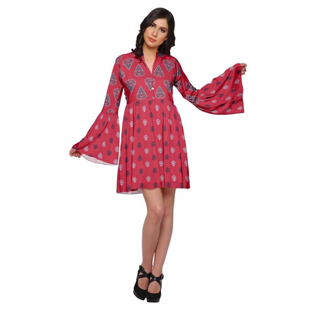 Moomaya Robe Courte Imprimée pour Femmes Tenue Décontractée Manches Évasées Vêtements d'Été