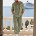thumbnail image 5 of Men's 2 Piece Cotton Linen Outfits Long Sleeve Henley Hooded Shirt and Beach Pants Set Casual Summer Matching Set Size 3XL Army Green, 5 of 9
