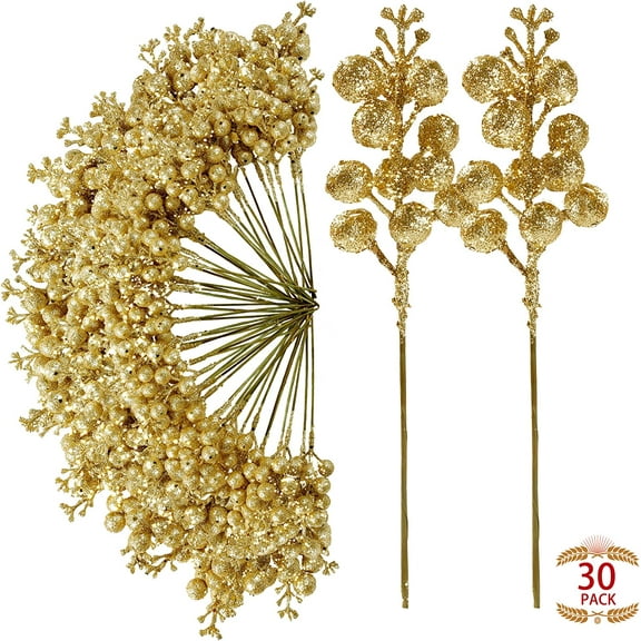 Namzi 30Pcs Christmas Glitter Berries Stems Artificial Red Berry Branches Holly Picks Stems Christmas Tree Ornaments for DIY Xmas Wreath Crafts Gifts Holiday Home Decor (Gold)