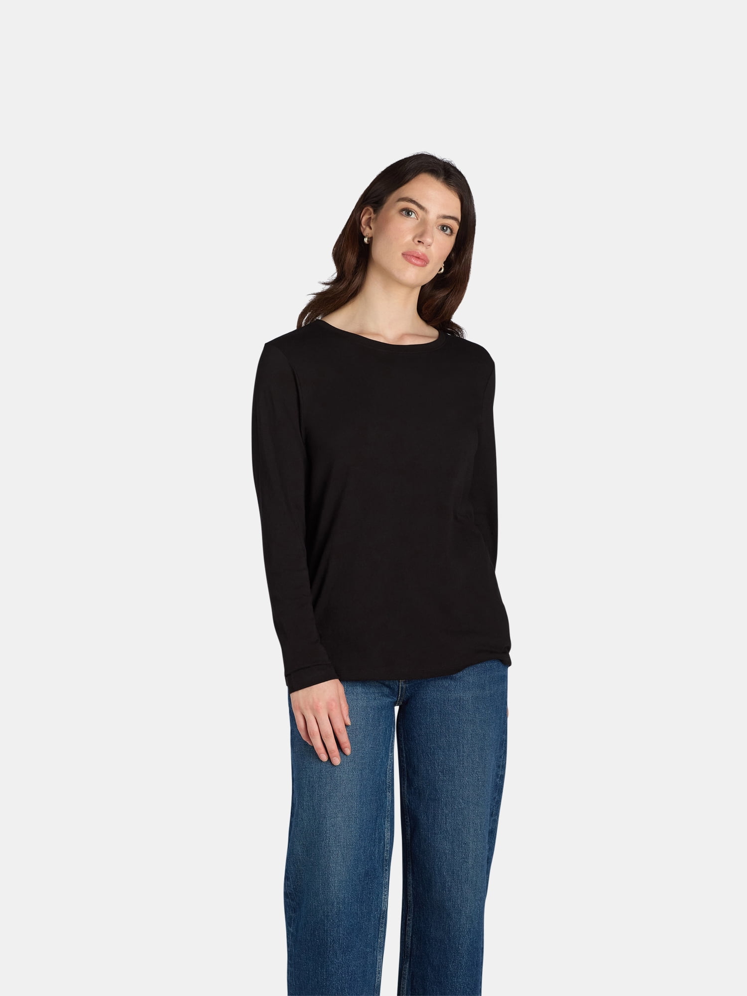 Time and Tru Women's Cotton Crewneck Tee with Long Sleeves, Single and 3 Pack, Sizes XS-XXXL