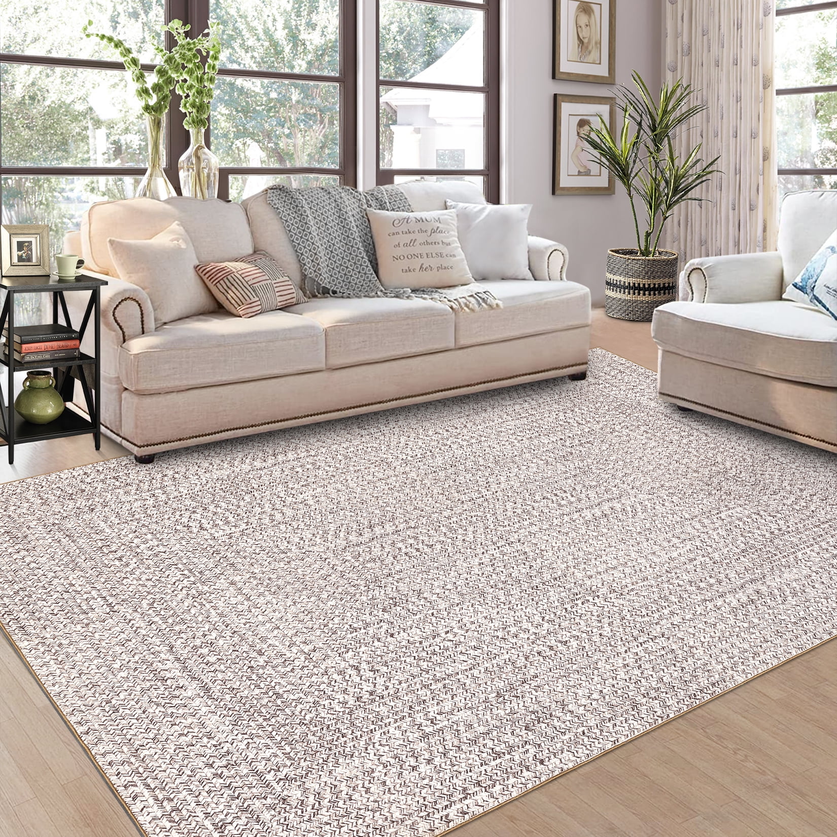 Garvee 3'x5' Area Rugs Braided Print Rugs, Machine Washable Indoor Rug Non-Slip Low Pile Farmhouse Solid Carpet for Bedroom, Living Room, Dining Room Office, Beige