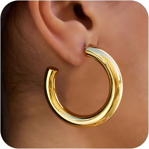 DESIGNICE 5MM Thick Gold Hoops Non Tarnish: Lightweight 14K Gold Plated Chunky Gold Hoop Earrings for Women Open Tube Hoops Trendy Minimalist Hypoallergenic Gold Jewelry 20/30/35/40MM
