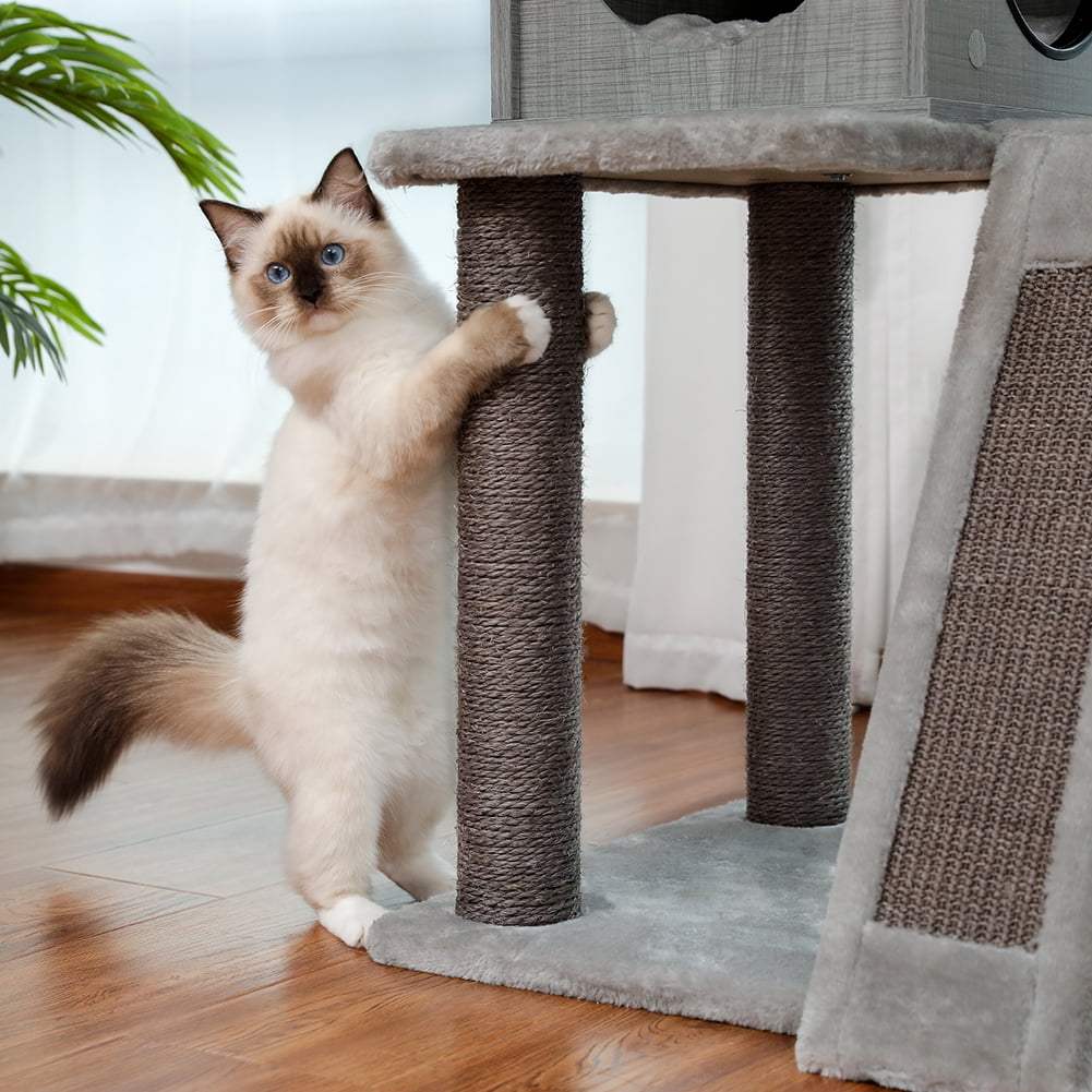 Kadyn Wooden Cat Tree Tower, Cat Condo Play House for Large Cats Featuring, Modern Cat Tree Condo with Fully Scratching Posts, Hammock, Padded Perch and Dangling Ball, Gray Kadyn Wooden Cat Tree Tower, Cat Condo Play House for Large Cats Featuring, Modern Cat Tree Condo with Fully Scratching Posts, Hammock, Padded Perch and Dangling Ball, Gray