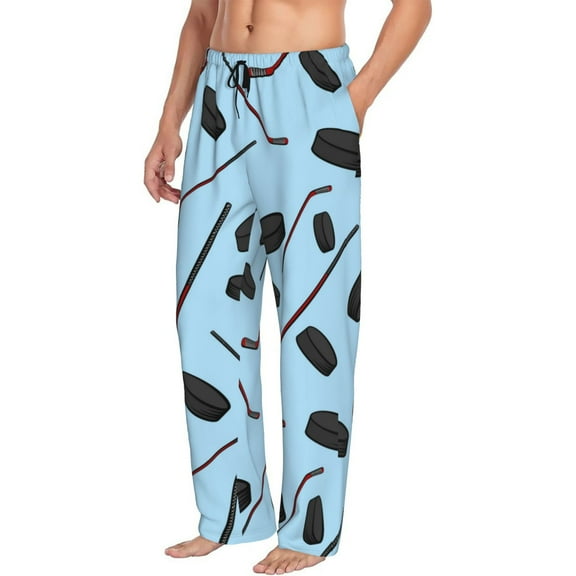 Mens Pajama Pants Bottoms with Pockets - blue Hockey sticks pucks cute Comfy Mens Pj Pants, Soft Men Lounge Pants
