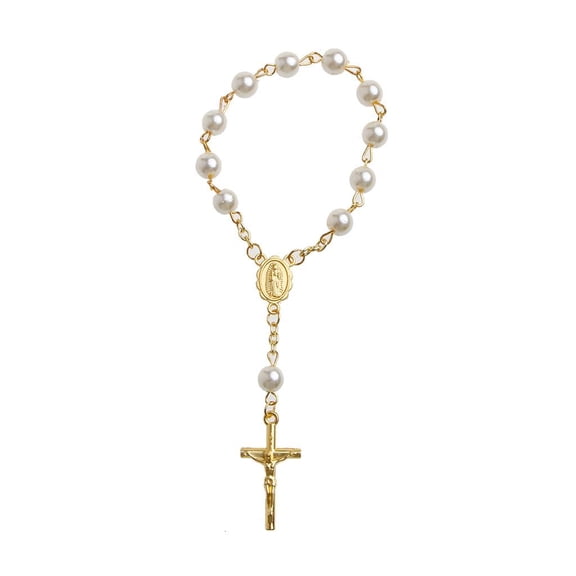 LICEWO Catholic for Cross Finger Chain Mini Rosary Finger Baptism Rosaries Faux Pearls Bracelet for Baptism Favors Christening