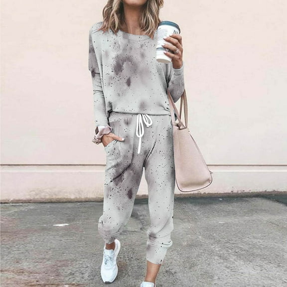 Fashion Fall Saving Outfits Set for Women 2 Piece Fall Outfits for Women Women's Fashionable Loose Printed Long Sleeved Round Neck Drawstring Casual Set reorders from my past orders