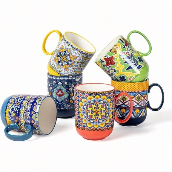 Coffee Mugs Set 14 Ounce Multicolor Porcelain Cups for Latte Hot Tea Cappuccino Cocoa Soup Dishwasher Microwave Safe Christmas Gift Set of 6 Bohemian Style