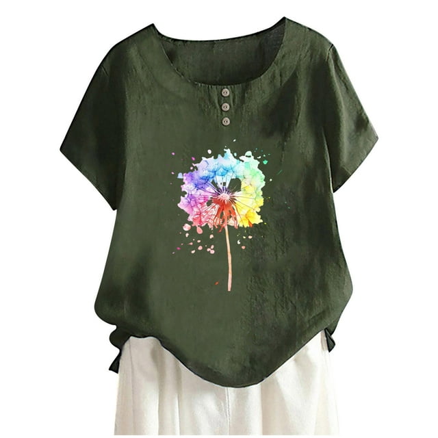 Camisas de Manga Corta para las Mujeres, Blusa de Botón de Impresión Casual con Cuello Redondo Hecha de Tela Suave Transpirable para Verano Primavera, Blusas de Manga Corta para las Mujeres
