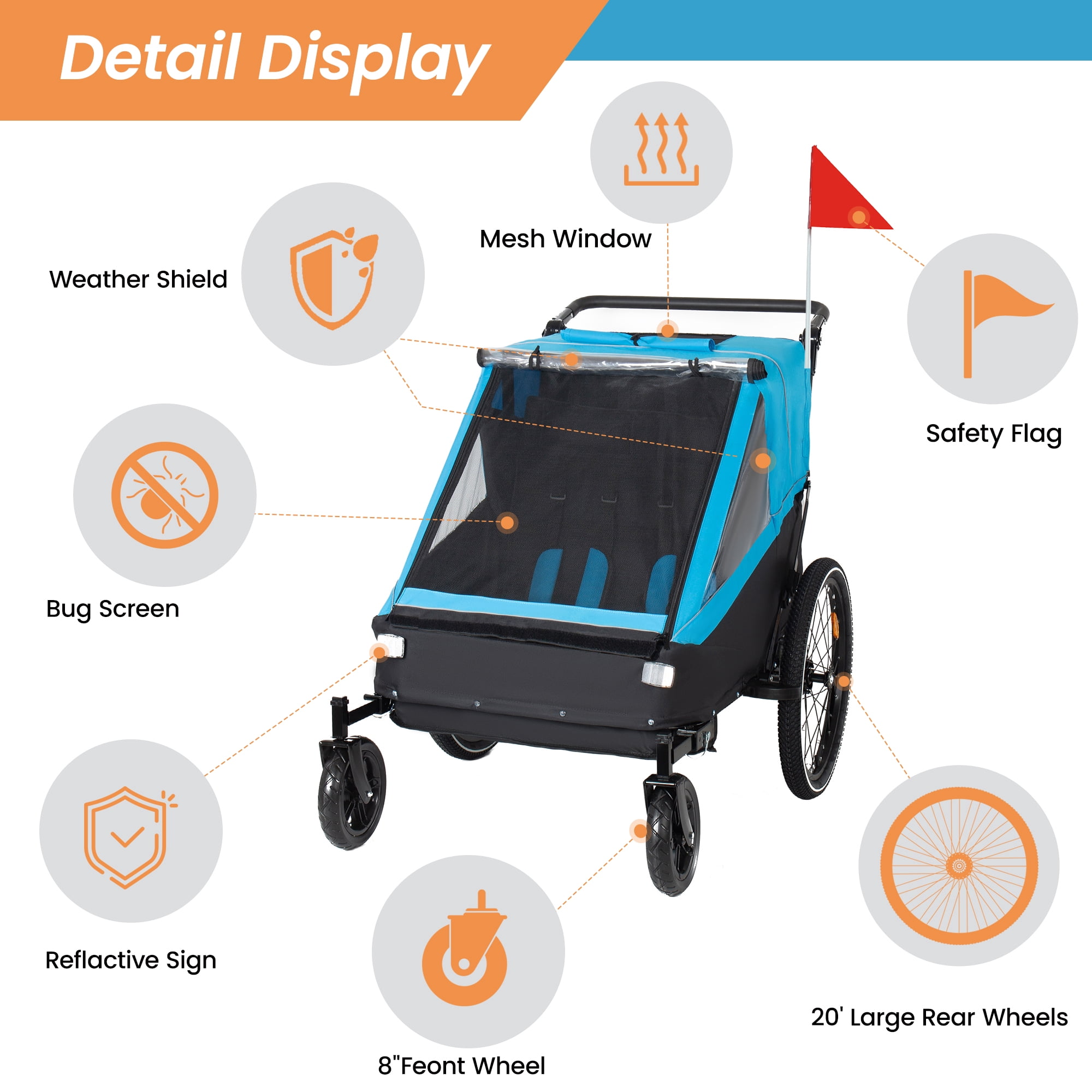 2 in 1 Kids Bike Trailer & Stroller, Jogging Style for 1-2 Children, Foldable with Universal Hitch, 5-Point Harness and Storage Bags for Outdoor Activities