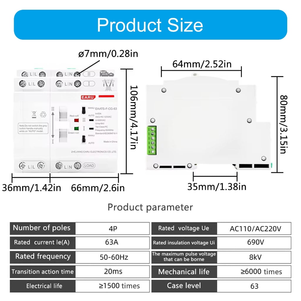 lanema Din Rail Mounted Power Transfer Switches 4P 110V/220V Electrical Selector Switches