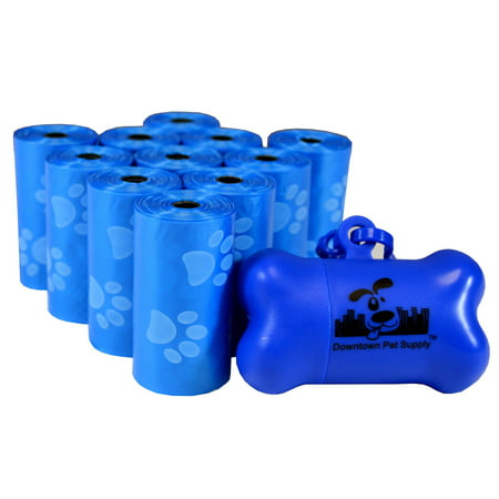 Dog Pet Waste Poop Bags, Variety Colors, Bulk Sizes, (Color: Blue with Paw Prints) (Size 220 Bags) + FREE Bone Dispenser, by Downtown Pet