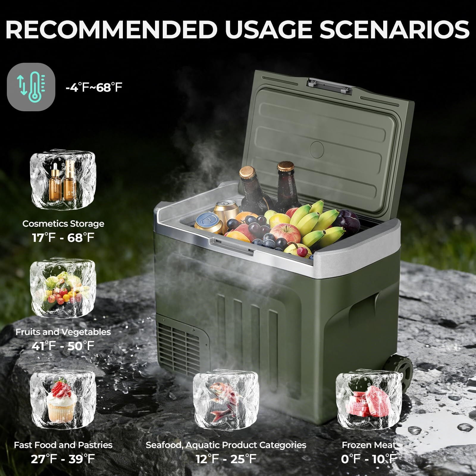 Auseo 42 Quart 12V Portable Car Refrigerator, AC/DC Compressor Fridge & Freezer for RV Truck Camping, Temperature Range -4°F to 68°F, Green