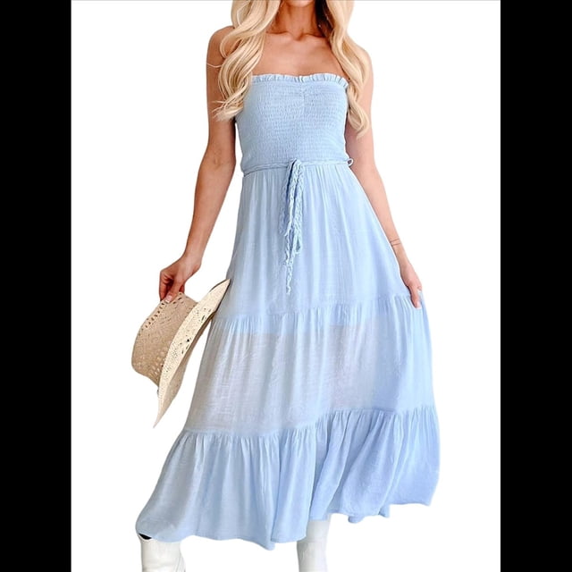 Vestido de Verano para Mujer, Estilo Bohemio, Informal, con Espalda Descubierta, Bandeau, Volantes y , para Playa Azul S