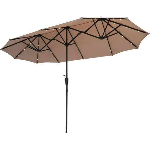 13Ft Patio Umbrella with Solar Lights Outdoor Double-Sided Market Extra Large Table Umbrella Easy Crank for Yard, Poolside, Deck-Khaki