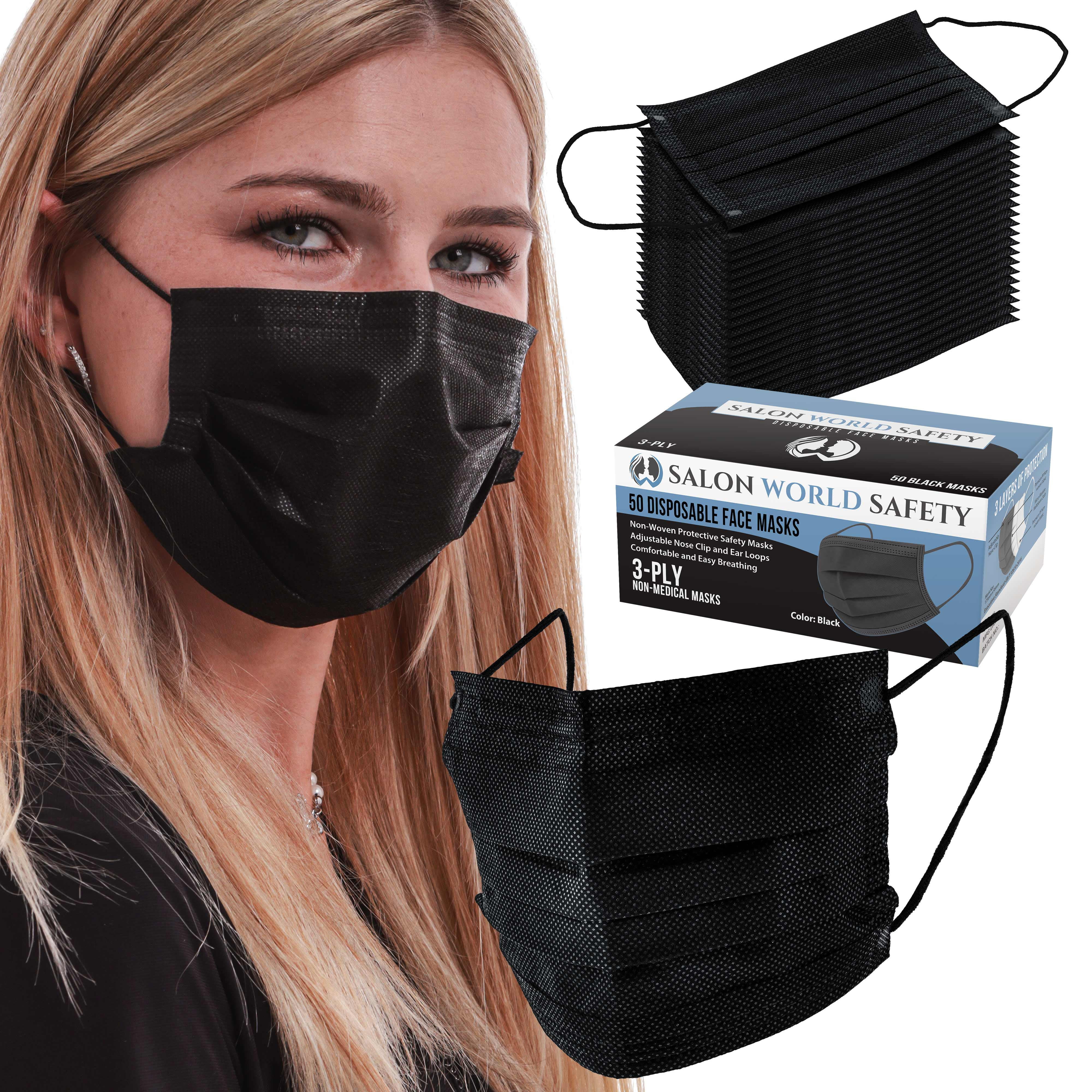 Kustlijn op gang brengen Advertentie Salon World Safety Black Masks - Bulk 40 Boxes (2000 Masks) in Sealed  Dispenser Boxes of 50 - 3 Layer Disposable Protective Face Masks with Nose  Clip & Ear Loops - 3-Ply Non-Woven Fabric - Walmart.com