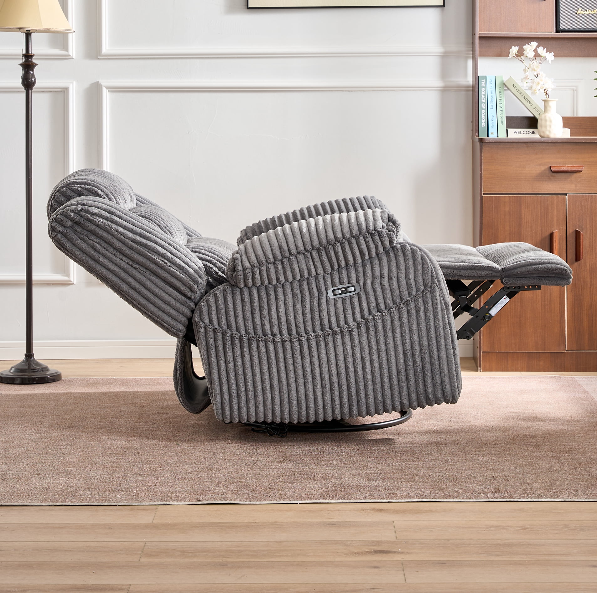 Leumius Extra Wide Power Recliner Chair,270° Swivel Rocking Chair with Heat & Massage,USB & Type C Charging Port,Velvet Upholstered Recliner with Side Pockets for Living Room, Bedroom, Nursery,Gray