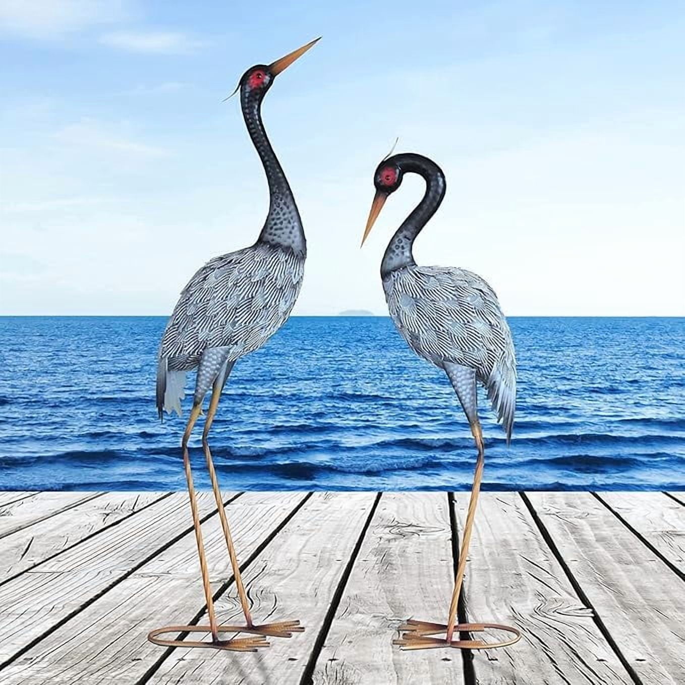 Crane Garden Statue Décor, Metal Crane Yard Art for Outdoor Patio Lawn Backyard Pool, Garden Sculpture & Statues, Set of 2, Black and White